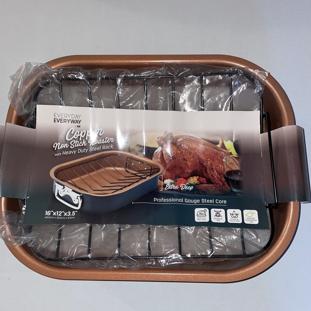 New Non-Stick Copper Turkey Roaster Pan W/ Removable Rack 16x12x3.5 Extra Deep
